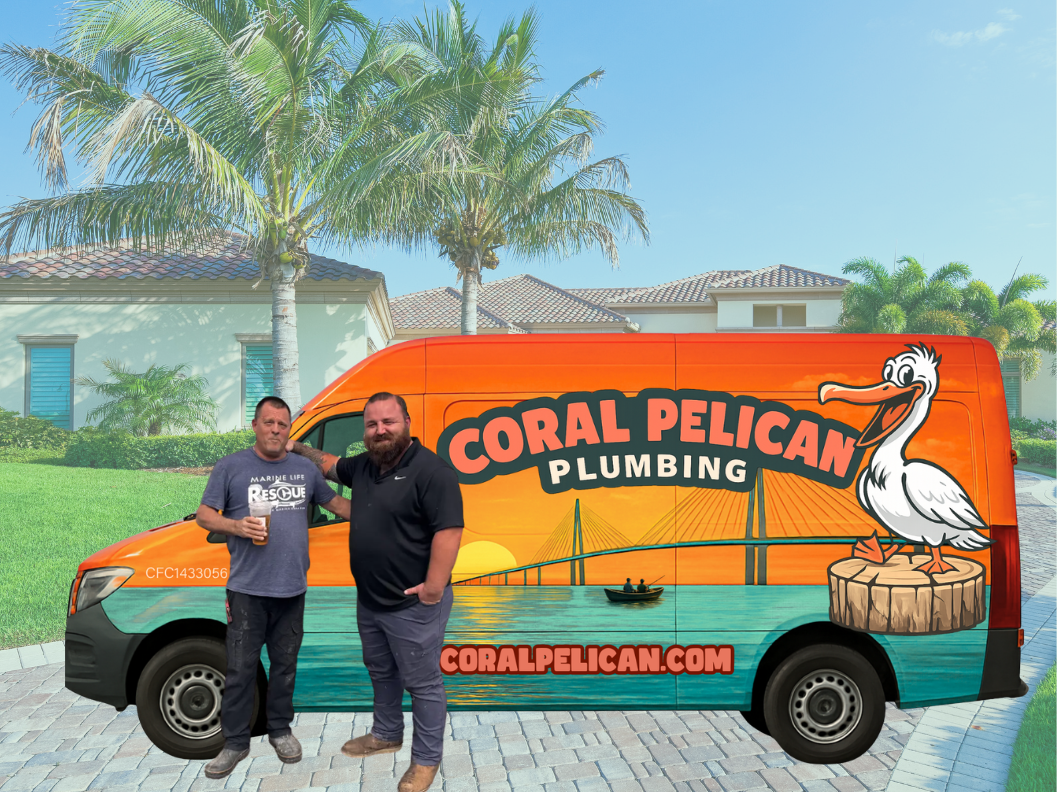 Davin and Danny from Coral Pelican Plumbing in front of service truck