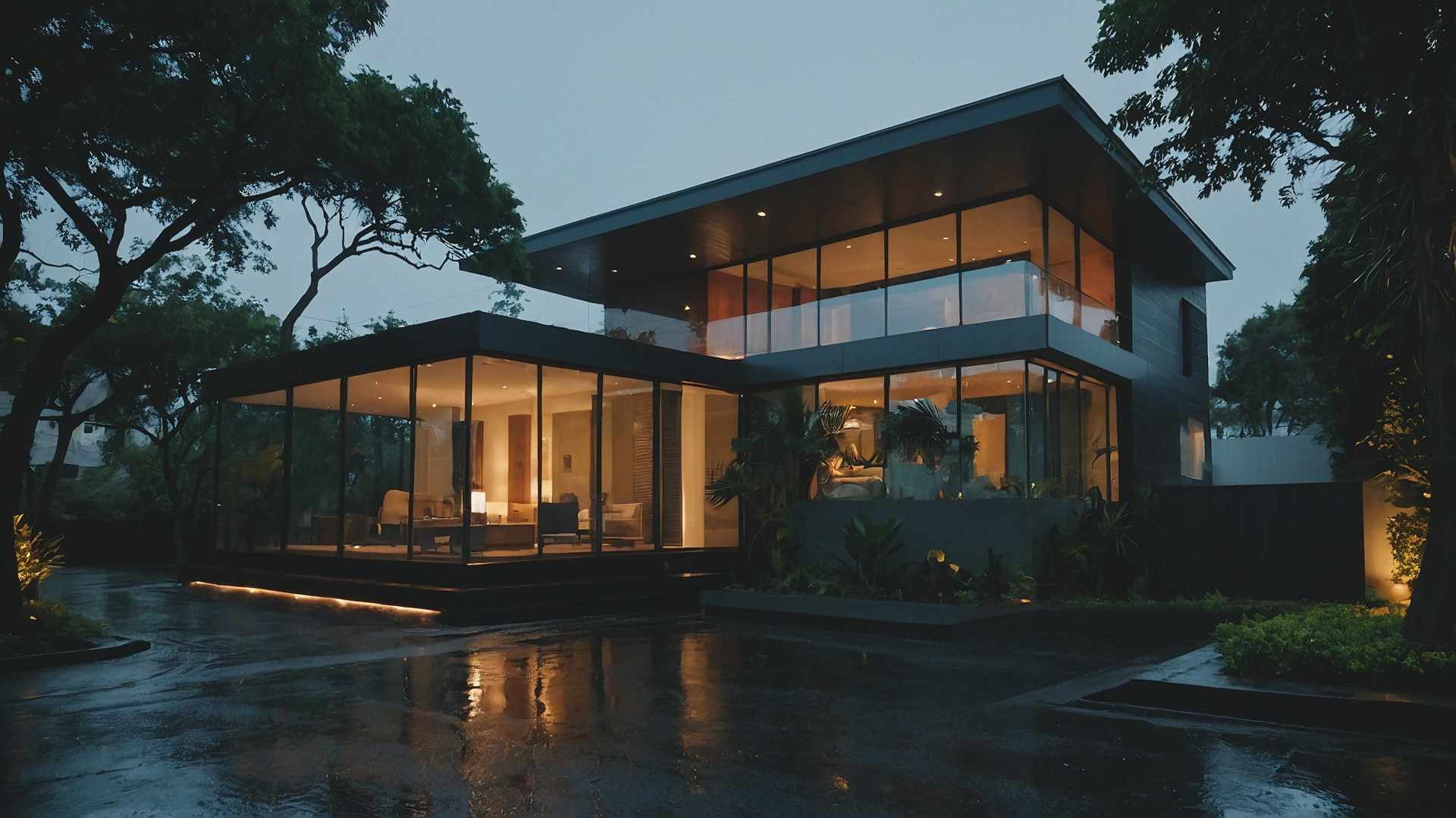 rainy night outside of a modern styled house with lights on