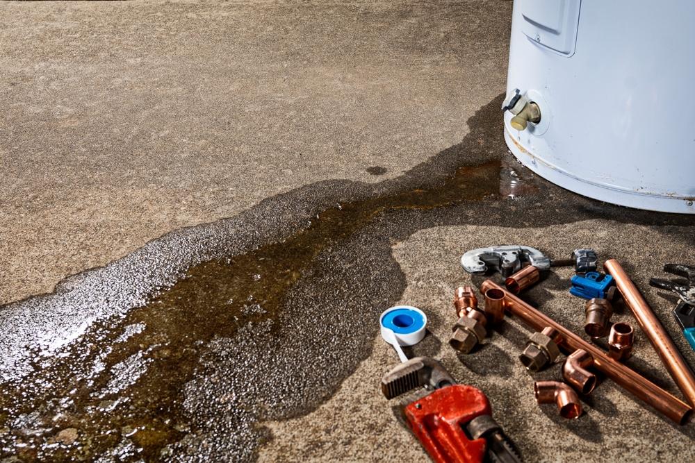 water heater leaking onto concrete with tools next to it